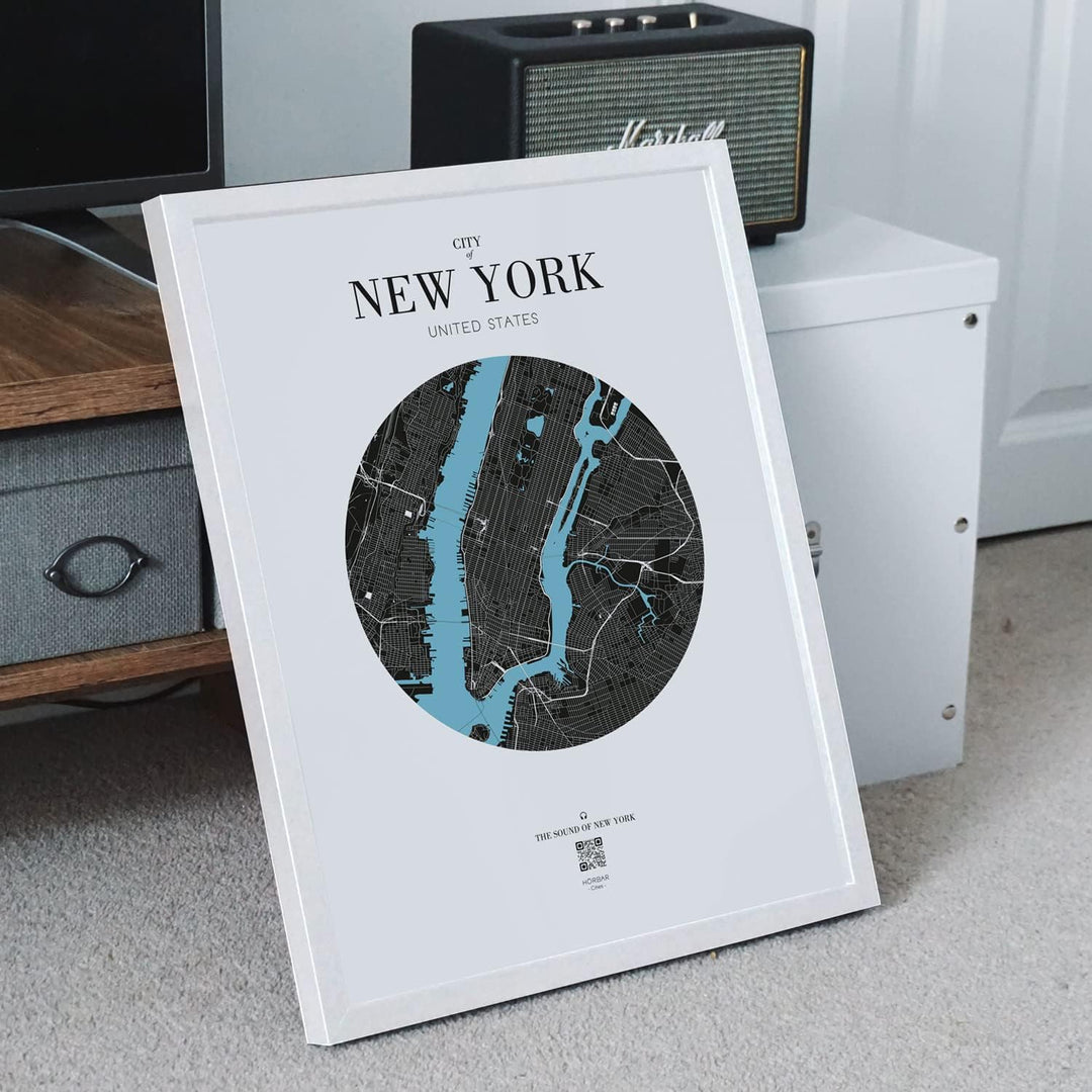 VALINA HÖRBAR CITIES | HÖRBILD | The Sound of New York | Gerahmt Weisser Rahmen 32,5cm 42,5cm, Weiss