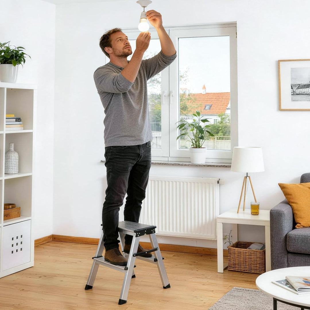 Sekey Klappbare Leiter aus Aluminium 2 Stufen, Aluleiter Beidseitig Begehbar, Klappleiter mit rutsch
