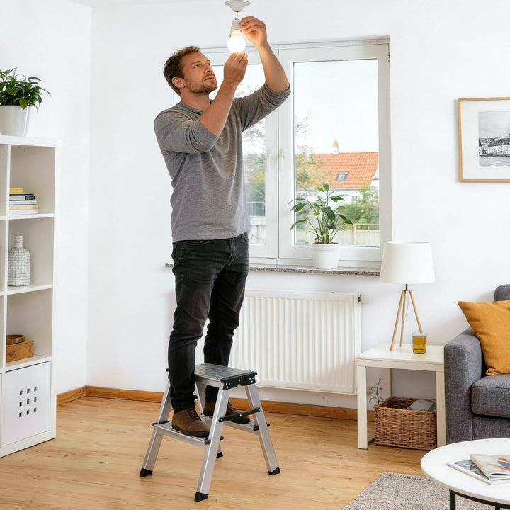 Sekey Klappbare Leiter aus Aluminium 2 Stufen, Aluleiter Beidseitig Begehbar, Klappleiter mit rutsch