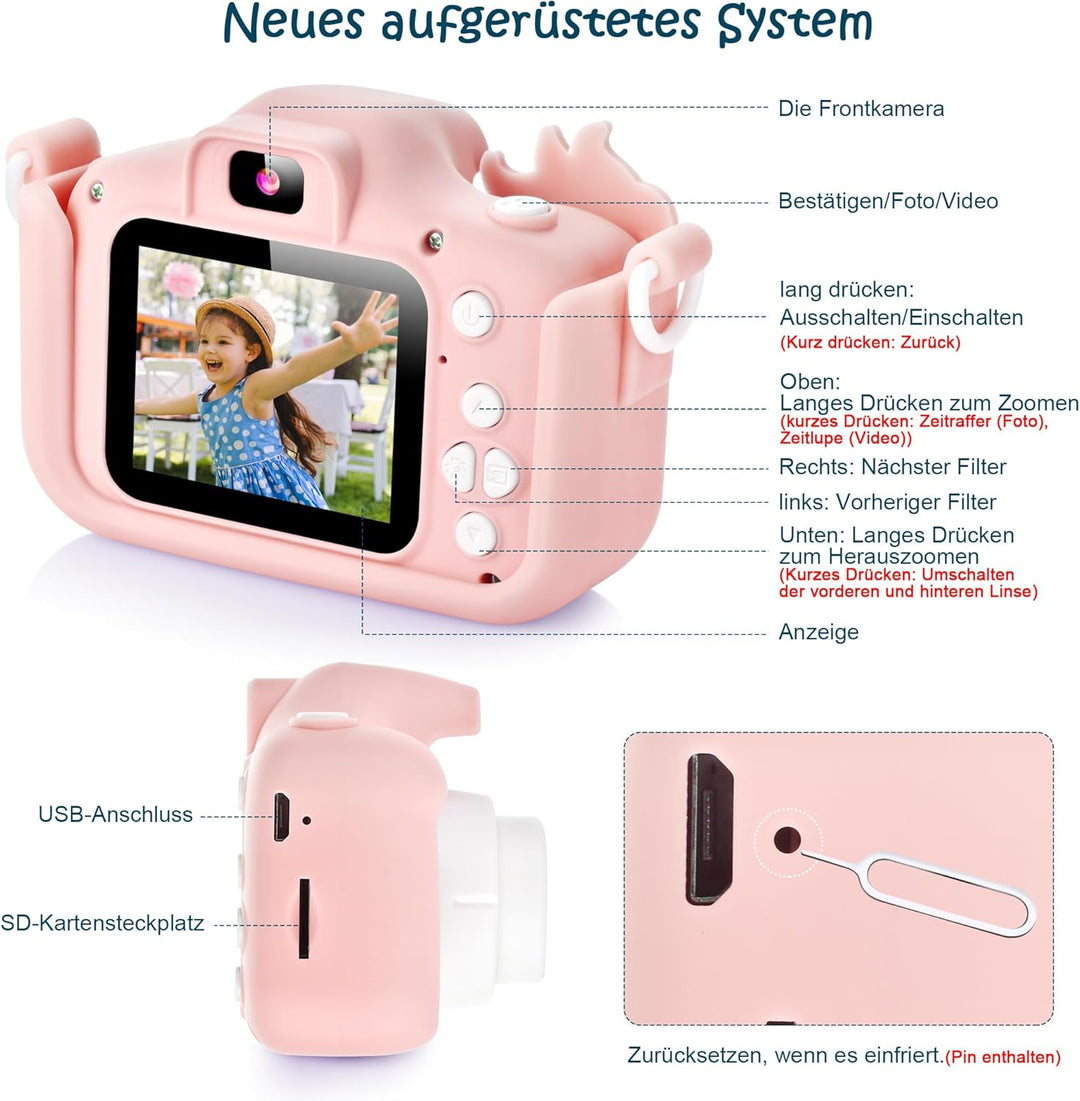 Kinderkamera, Digitalkamera Kinder mit HD IPS Bildschirm, 10 Denkspiele & Vollständiger Objektivschu