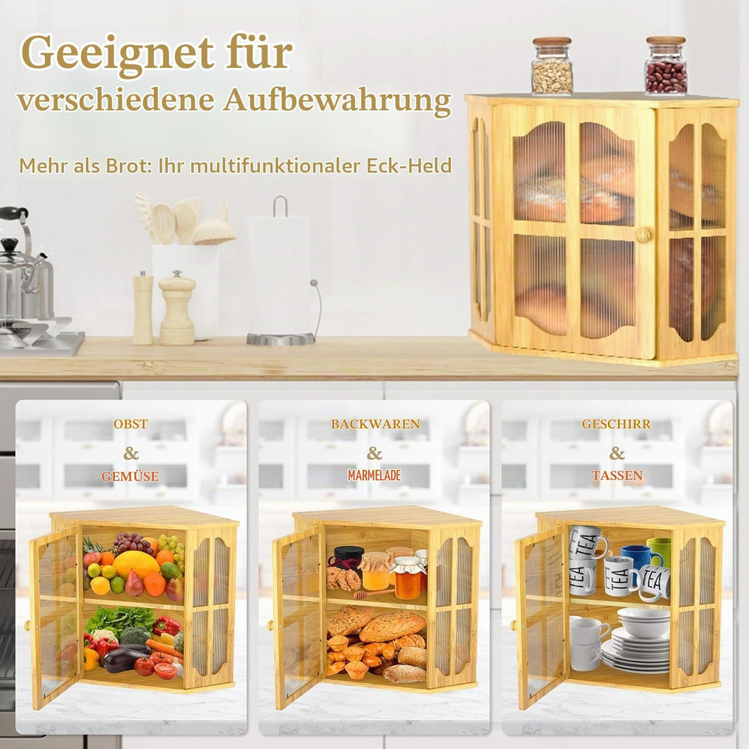 Bambus Brotkasten, Küche Ecke Brotbehälter mit 2 Etagen und Sichtfenster | Brotaufbewahrung Brotbox