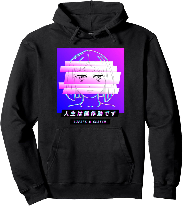 Vaporwave Japanische Anime Mädchen LIFE'S A GLITCH Kanji Pullover Hoodie