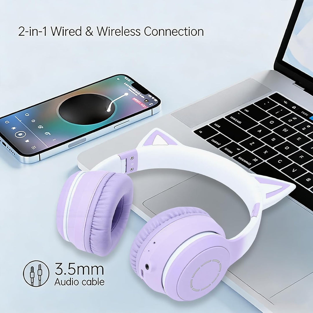Kabelloses Gaming-Headset, niedliche Katzenohren, Bluetooth 5.3, LED-Beleuchtung, abnehmbares Mikrof