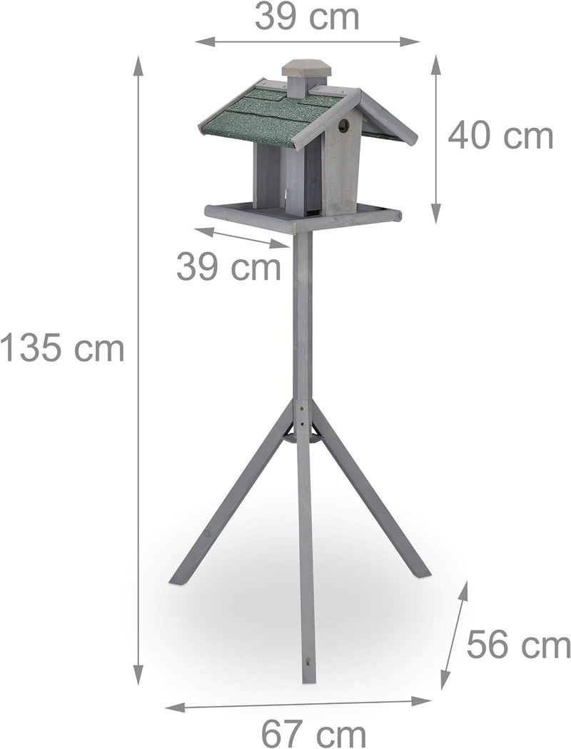 Relaxdays Vogelfutterhaus mit Ständer, Silo, wetterfestes Dach, Garten, Holz Vogelhaus HBT 135 x 67