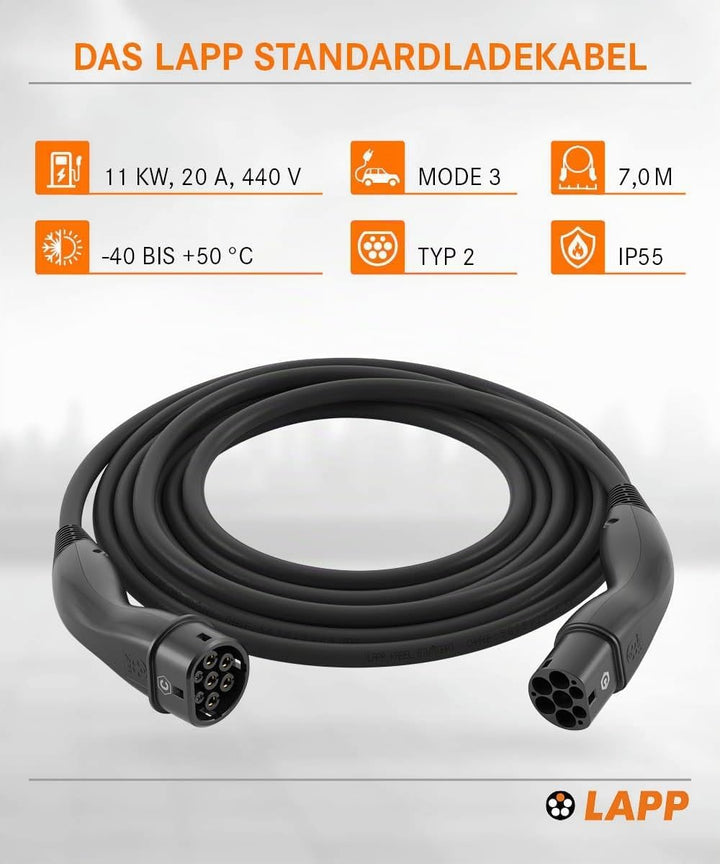 Lapp Mobility Typ 2 Ladekabel 11 KW/Glatt / 20 A / 3-Phasig/E-Auto Ladekabel/Mode 3 / 7m 7 Meter Sch