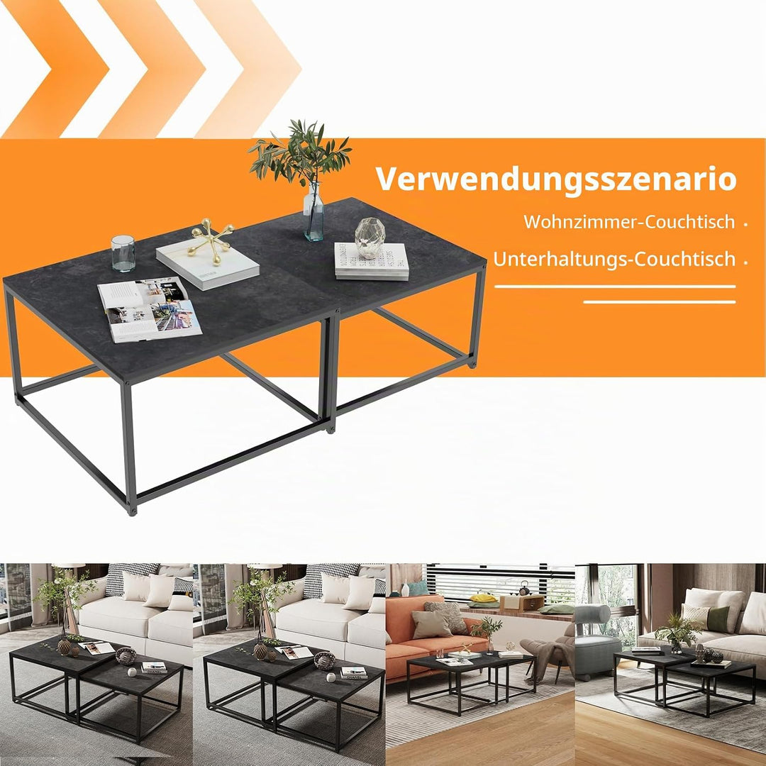 FATIVO Couchtisch Schwarz Marmor Wohnzimmertisch: beistelltisch 2er Set modern sofatisch quadratisch