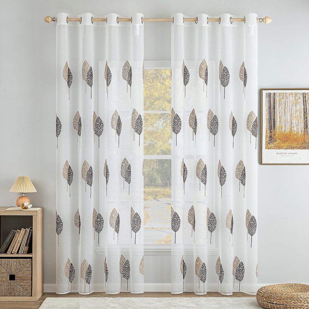 MIULEE Gardinen Transparent mit Kaffee und Braun Blätter Muster, Ösen Gardinen 280 cm Hoch, Modern G