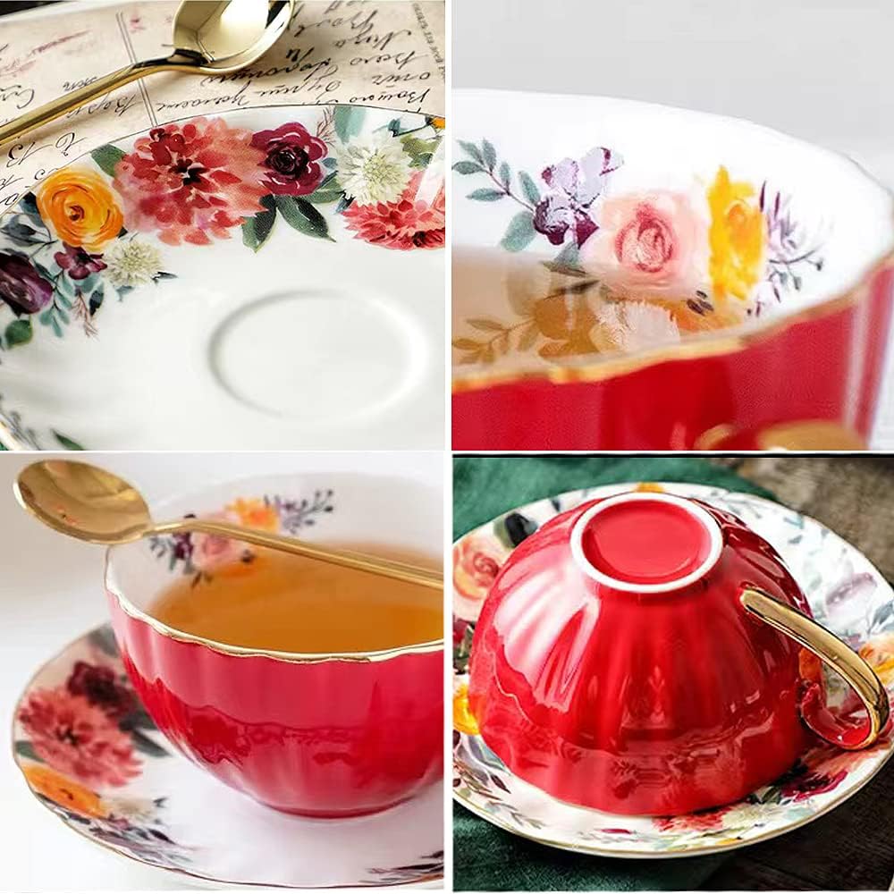 Porzellan Teetasse mit Untertassen und Löffel, 2 Satz von 8 oz Floral Kaffeetasse mit Goldrand Halte