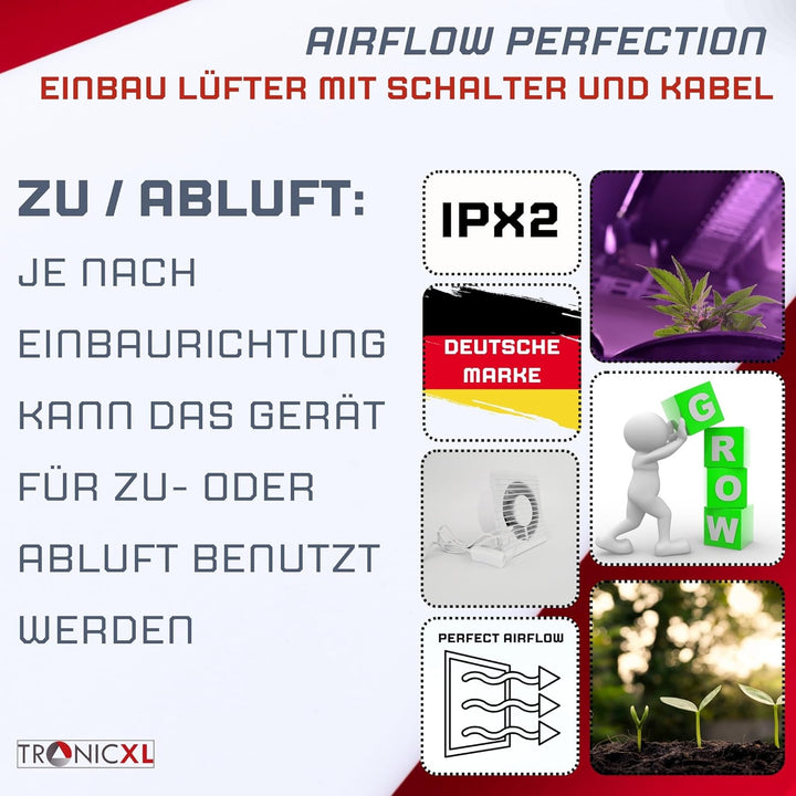 100mm Abluft/Zuluft Grow Lüfter Ventilator mit Netzstecker und Schalter für Homebox Growbox Growschr
