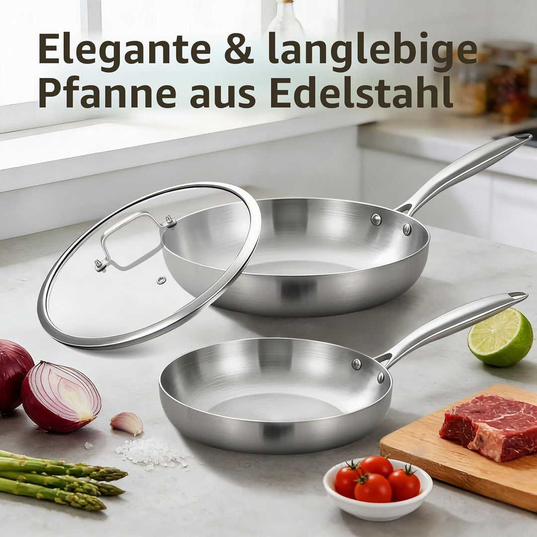 Inqibee Edelstahlpfanne Bratpfannenset Unbeschichtet 22 cm & 26 cm mit Deckel - Pfannenset Edelstahl