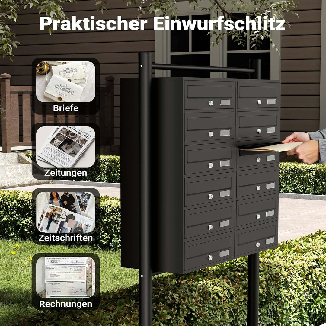 Wiltec 12er Briefkastenanlage schwarz 945 x 270 x 1500 mm, Standbriefkasten mit 2x6 Fächern, Schlüss
