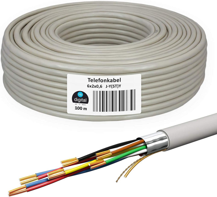 HB-DIGITAL Telefonkabel 100m 6 x 2 x 0,6 J-Y(ST) Y Verlegekabel JYSTY 12 Adern Telefonleitung 100m 6