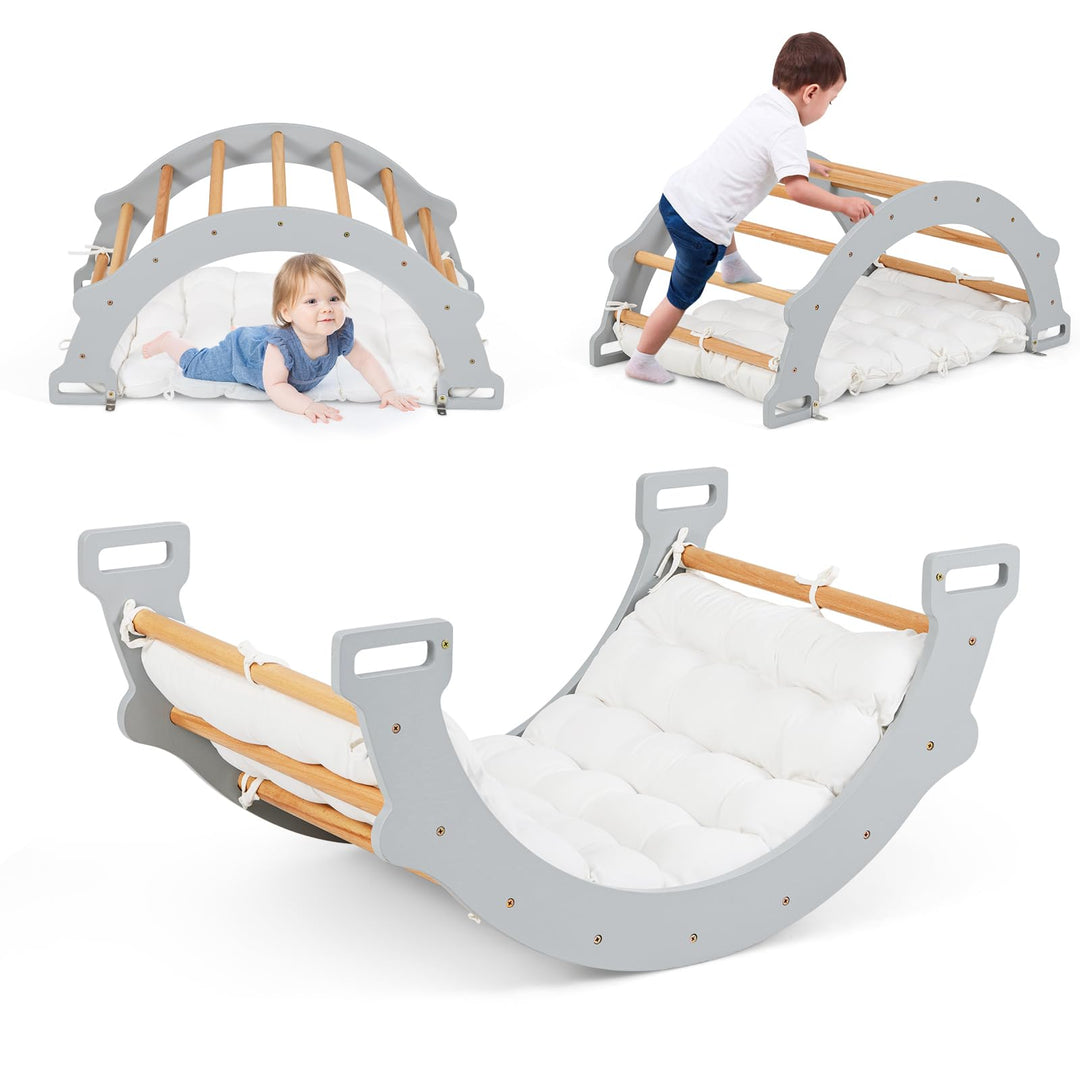 HOMASIS Kletterbogen mit Kissen, Holz Klettergerüst Indoor, Montessori Holzwippe Bogenwippe zum Wipp