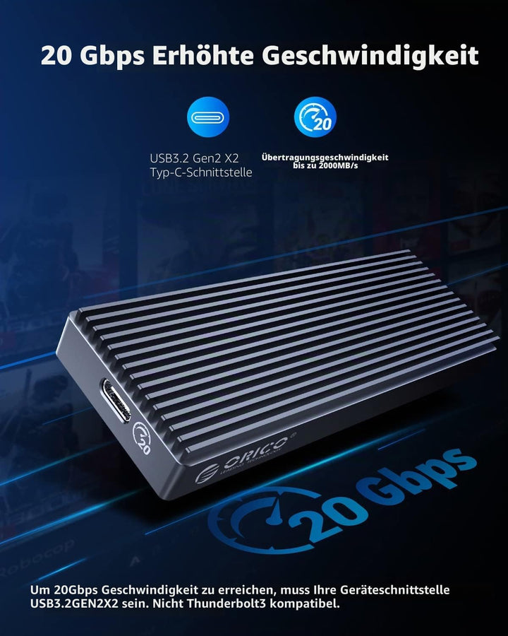 ORICO NVMe M.2 SSD Gehäuse 20Gbps bis zu 2000MB/s, USB 3.2 Gen2x2 USB-C Aluminium NVMe Adapter für P