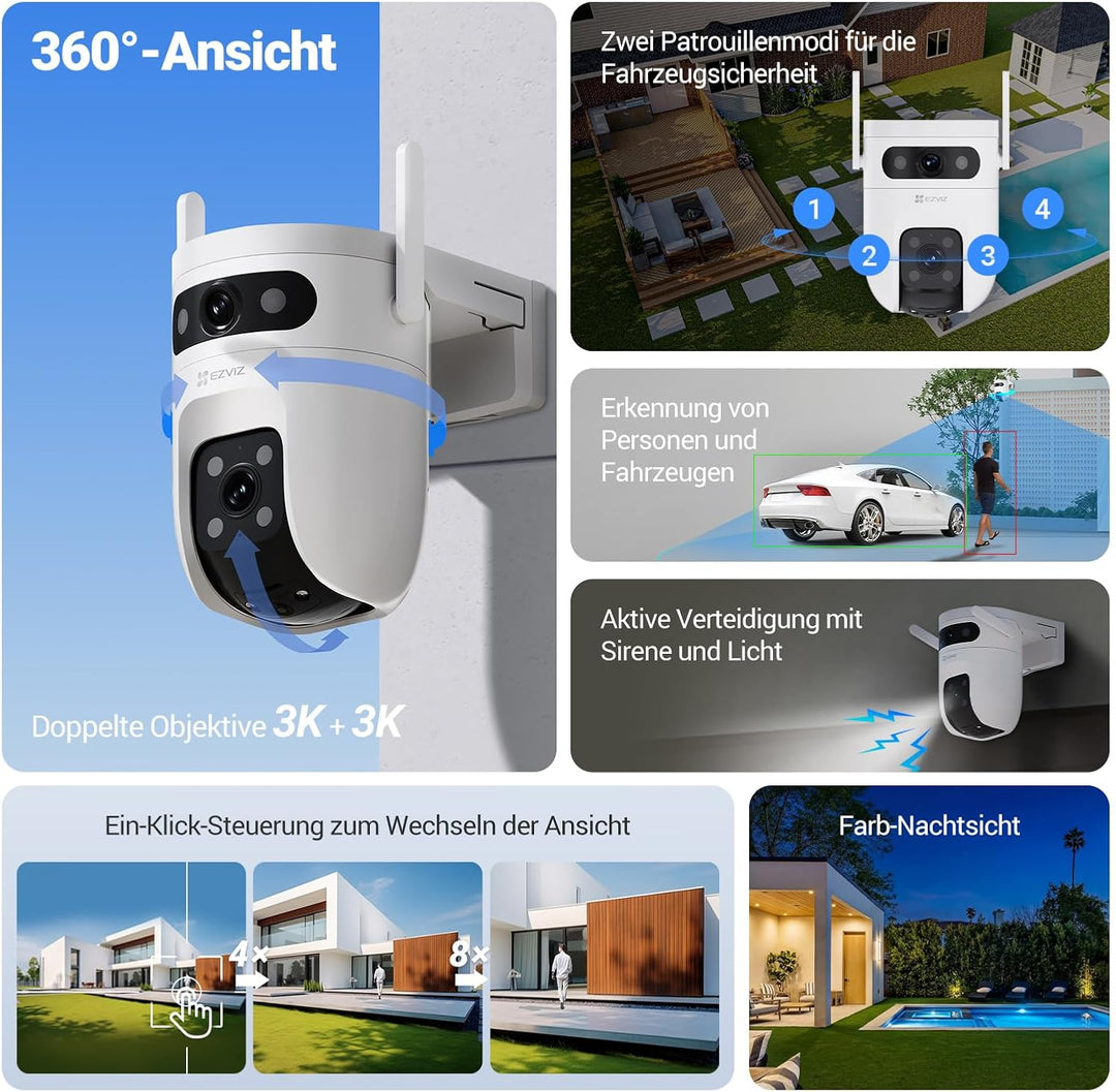 EZVIZ 5MP+5MP Überwachungskamera Aussen mit Dual-Lens, 2,4&amp;5GHz WLAN, 360° PTZ Überwachung Outdoor,