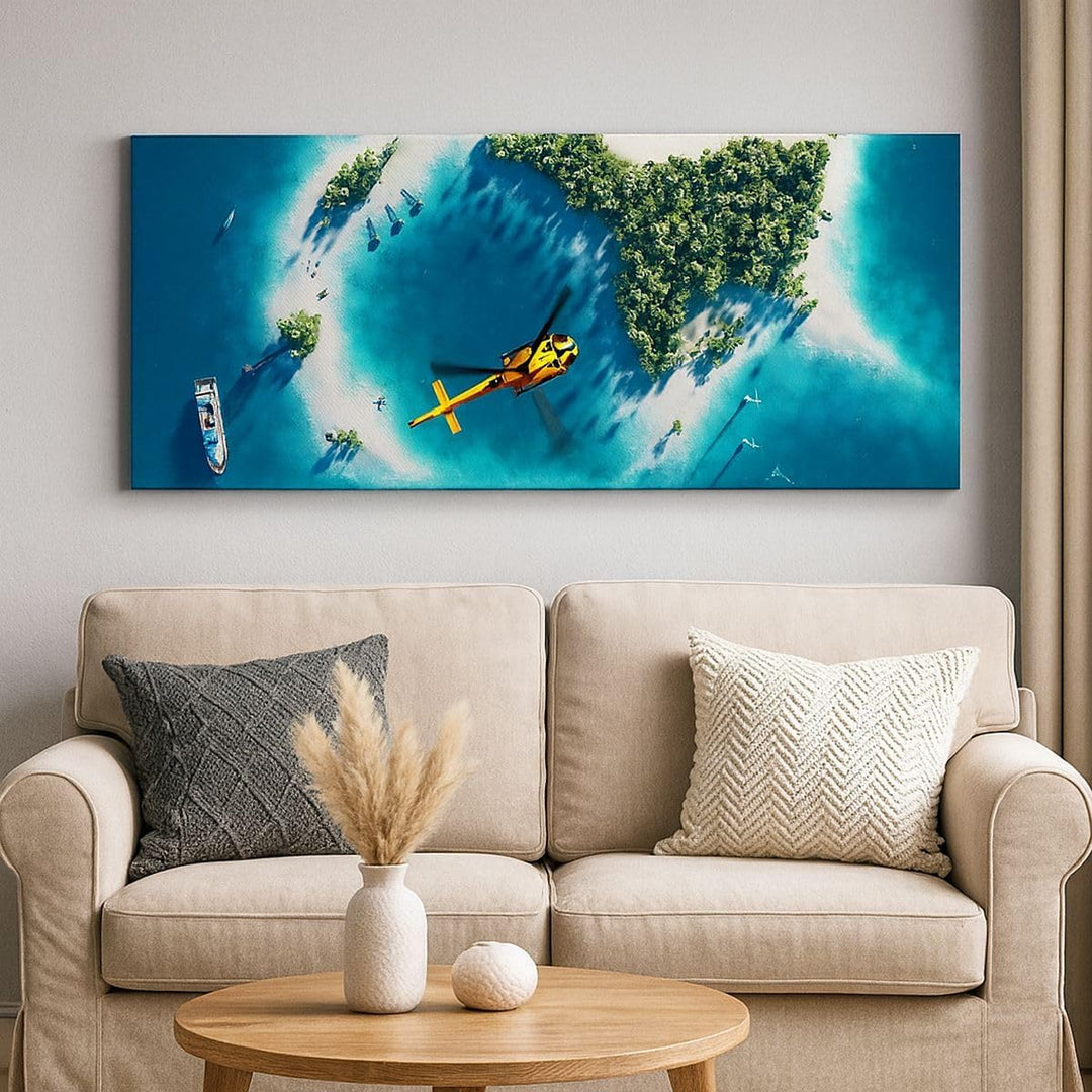 ARTTOR Wandbilder Dekoration Wohnzimmer Hubschrauber Ozean Insel Paradies Bilder auf Leinwand 120x50