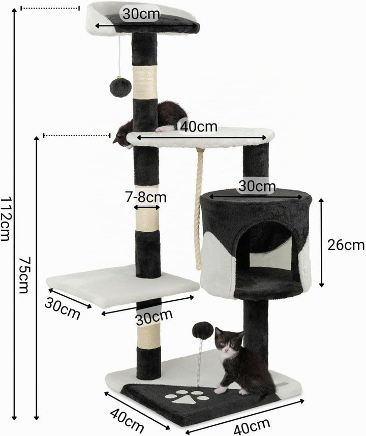 lionto Kratzbaum für Katzen mit 2 Plüschbällen &amp; Spielseil, Höhe 112 cm, Katzenbaum mit Sisalseil &amp;