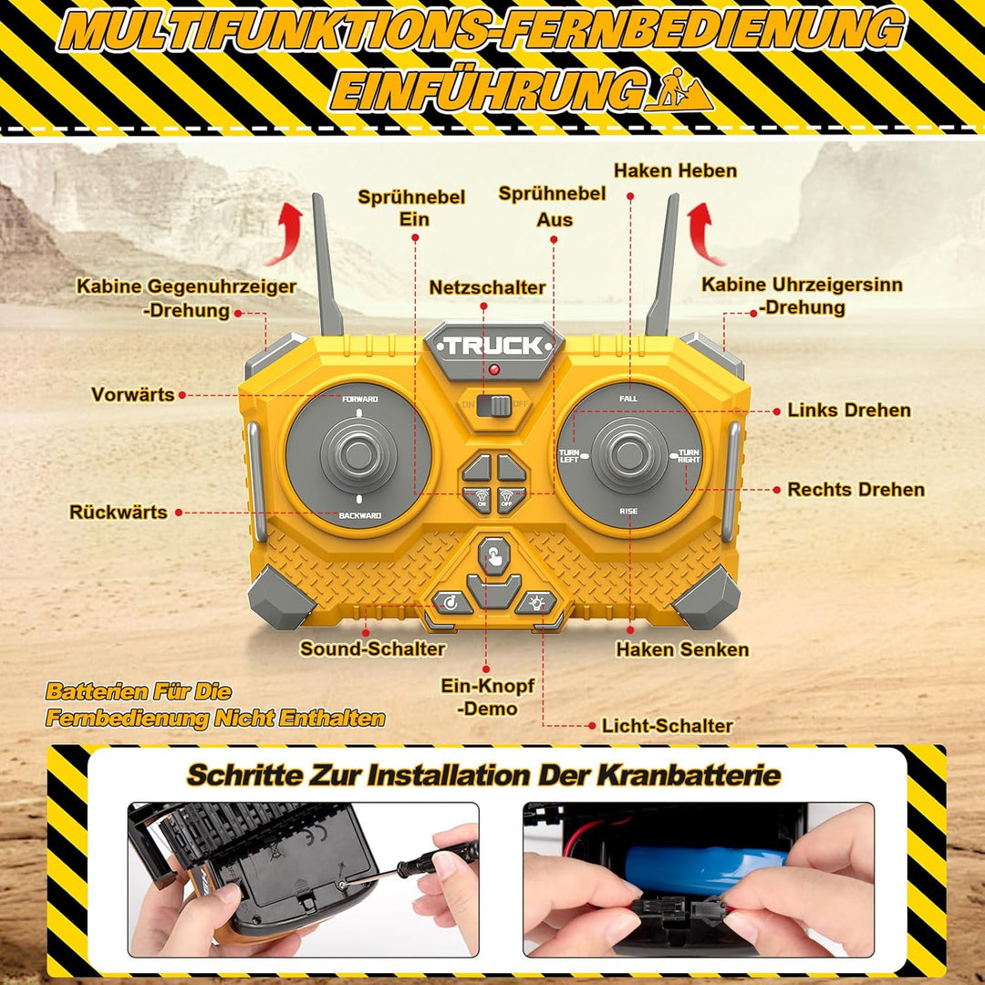 1:16 Kran Ferngesteuert, 13 Kanälen Grosse RC Kranspielzeug mit Schiebeschild Lichter Spray Realisti