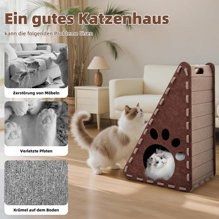 3-in-1Kratzbrett Katze für Katzen Kratzen Spielen Ausruhen, Filz Dreieck Katzenhaus, Leicht zu Reini