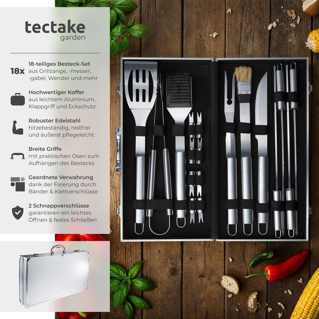 tectake® 18-TLG. Edelstahl Grillbesteck, Grillzubehör für Kugelgrill, Smoker, Kohlegrill, im Garten,