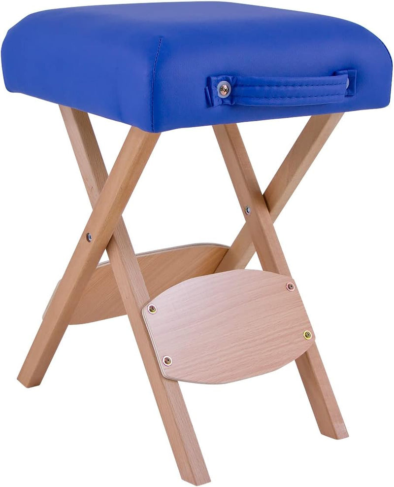 QUIRUMED Klapphocker aus Holz mit Sitz, blau gepolstert, vielseitig einsetzbar, Beistelltisch, Fusss