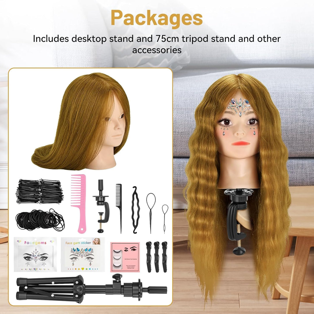 Friseurkopf mit Stativ, Trainingsköpfe mit 90% Echthaar 58CM, Schaufensterpuppe zum Frisieren, für K