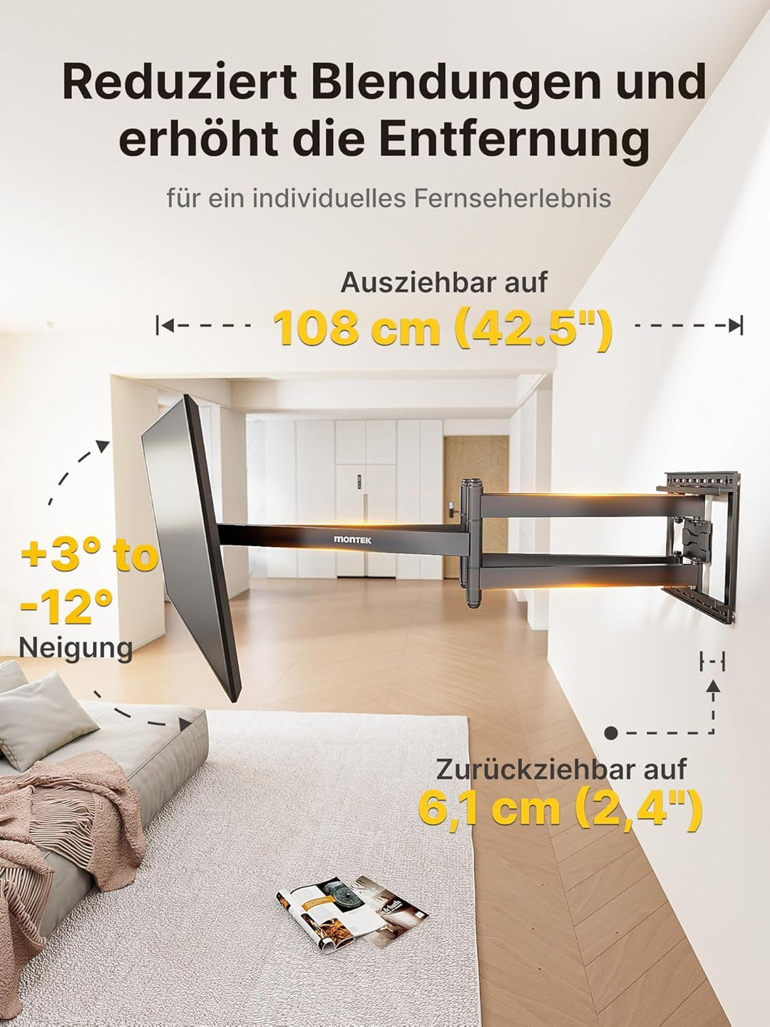 monTEK Langarm 1080mm TV Wandhalterung für 43-90 Zoll Flach & Curved Monitor bis zu 60kg, Schwenkbar