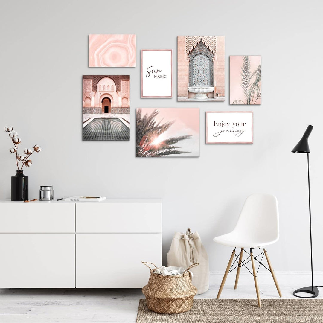Novart Wandbilder Oriental Marokko Palme - KOMPLETT AUFHÄNGFERTIG - Rosa Beige Wohnzimmer Schlafzimm