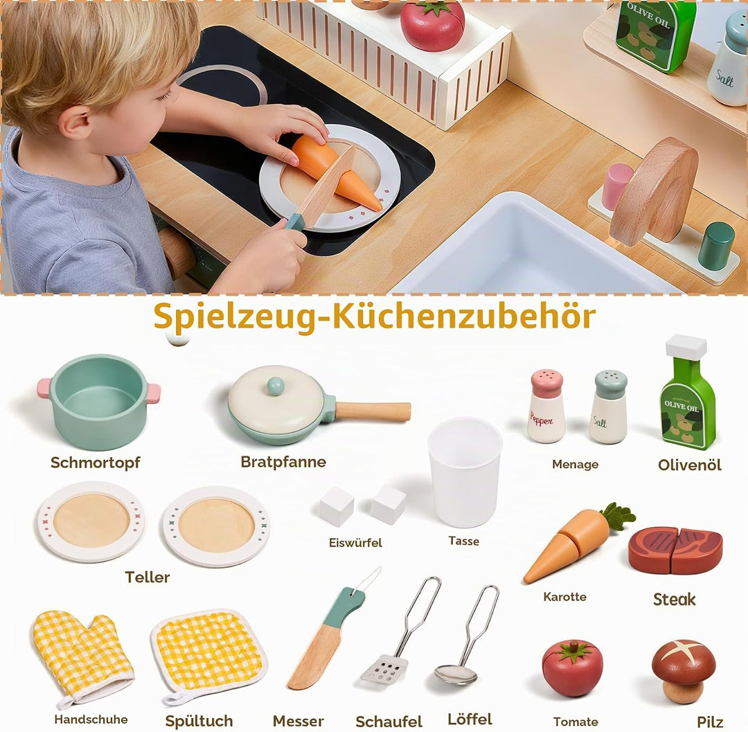TOYWOO Kinderküche Holz mit Licht &amp; Sound, Spielküche für Kinder ab 3 Jahren mit Schneidelebensmitte