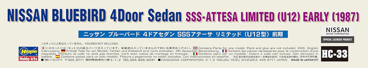Hasegawa HC33 1/24 Nissan Bluebird 4-Türer, Sedan, SSS-Attesa Plastikmodellbausatz, Geformte Farbe