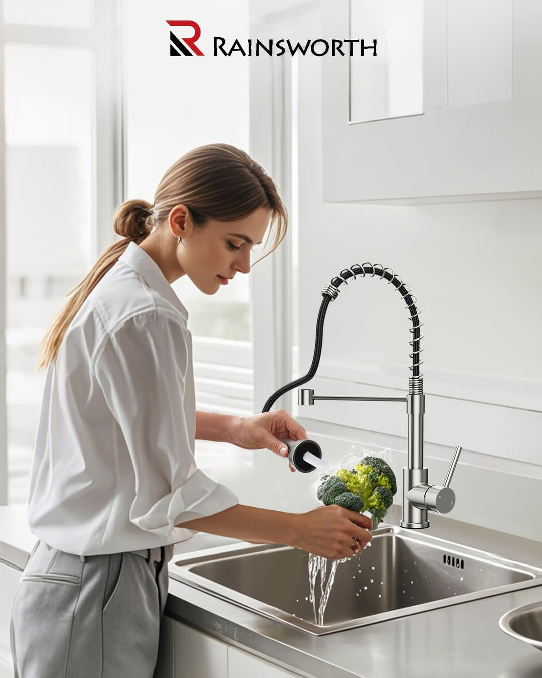 Rainsworth Wasserhahn Küche Edelstahl Herausziehbare - Zwei Wasserstrahlarten Hochdruck Küchenarmatu
