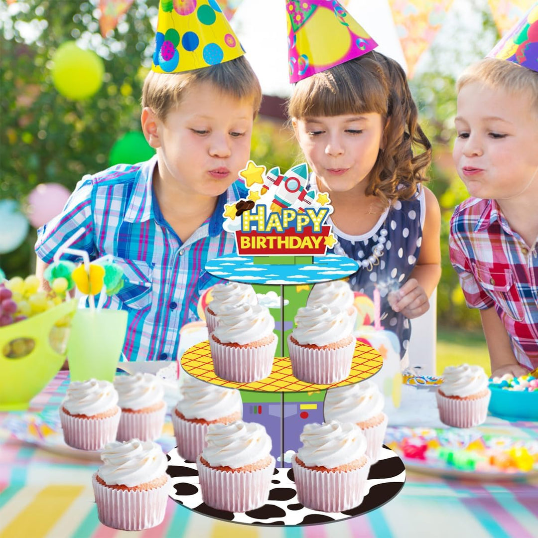 Cartoon Story Cupcake Ständer, 3 stöckiger Dessertturm, Spielzeug-Thema Junge Geburtstag Party Dekor