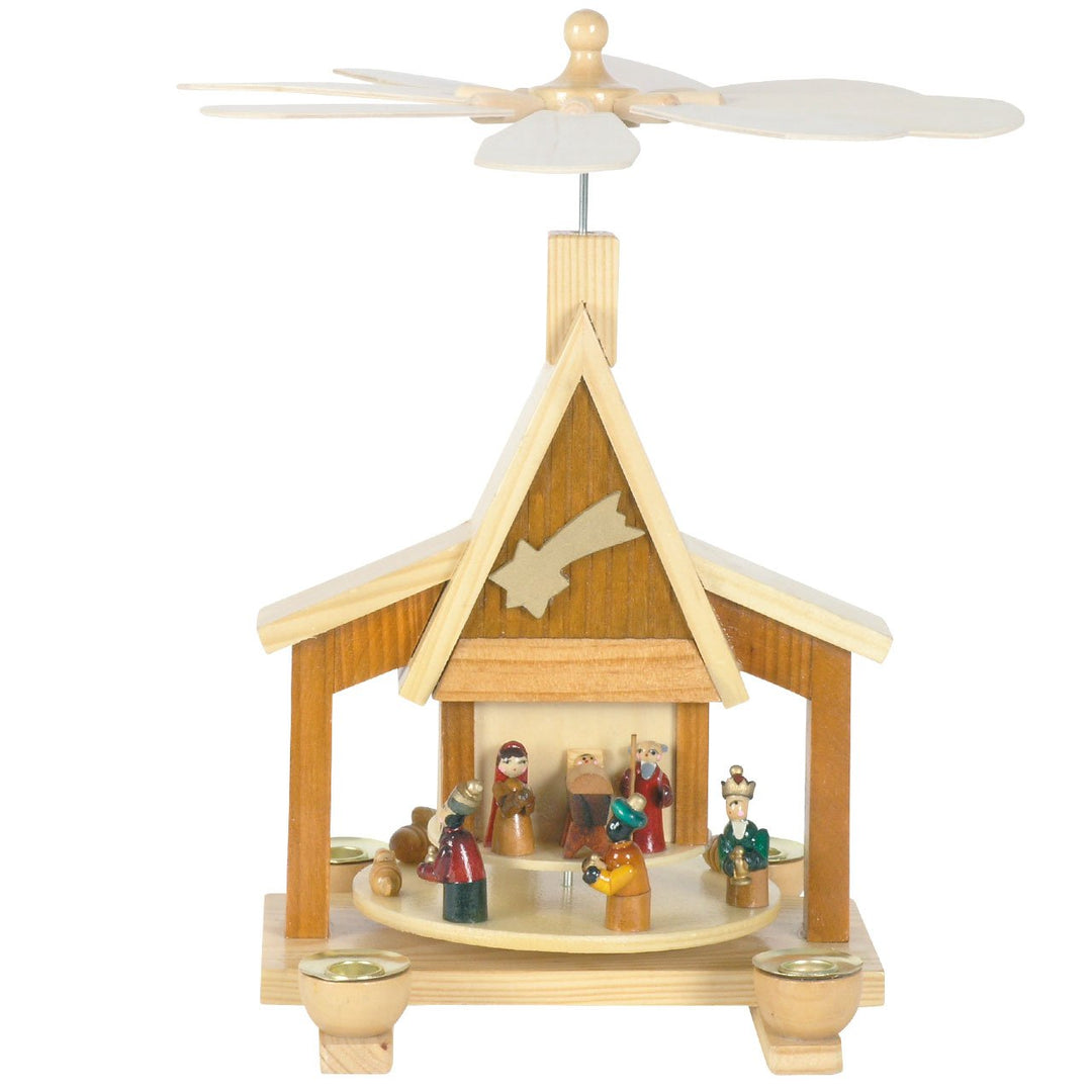 Weihnachts-Pyramide in Hausform, Krippenszene mit Königen, H: 28 cm, Natur, handbemalt im Kunsthandw