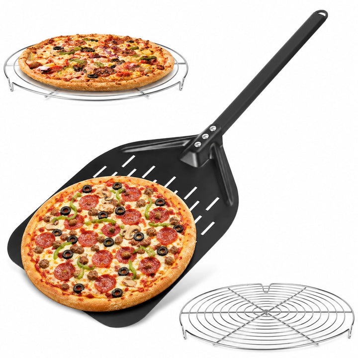 Pizzaschieber Set mit Perforiertem Schieber &amp; Ø 12" Abkühlgitter für extra knusper, Antihaft Beschic