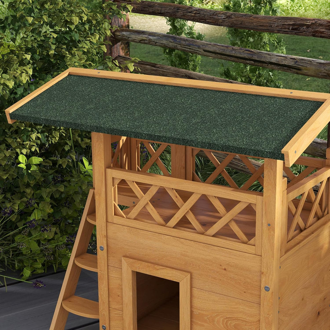 PawHut Katzenhaus aus Holz Winterfest wasserdicht Katzenhütte mit Asphaltdach Terrasse Treppe Katzen