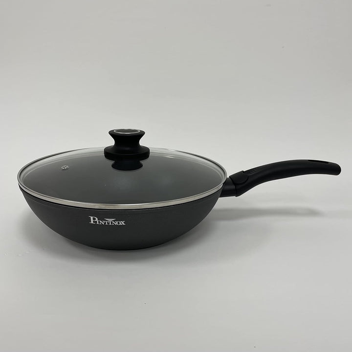 Pintinox Aluminium Wok mit Deckel 28 cm Ø Serie Power Xylan Antihaftbeschichtung Induktion