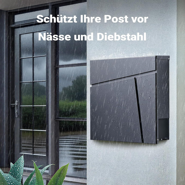 Wiltec Designer Briefkasten V23 anthrazit 370 x 105 x 370 mm, Wandbriefkasten mit Schloss und Zeitun
