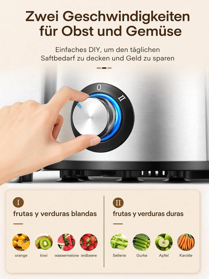 Juilist Entsafter 800W Max, 304 Edelstahl, 2 Geschwindigkeiten, 65 mm Einfüllschacht – einfache Rein