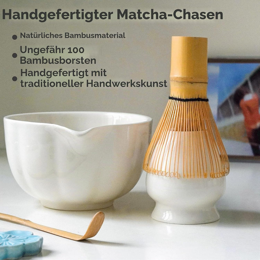 Premium Matcha Set 7-teilig – Exklusives Teezeremonie-Set mit Bambus-Chasen (Besen),Weiss Keramik-Sc