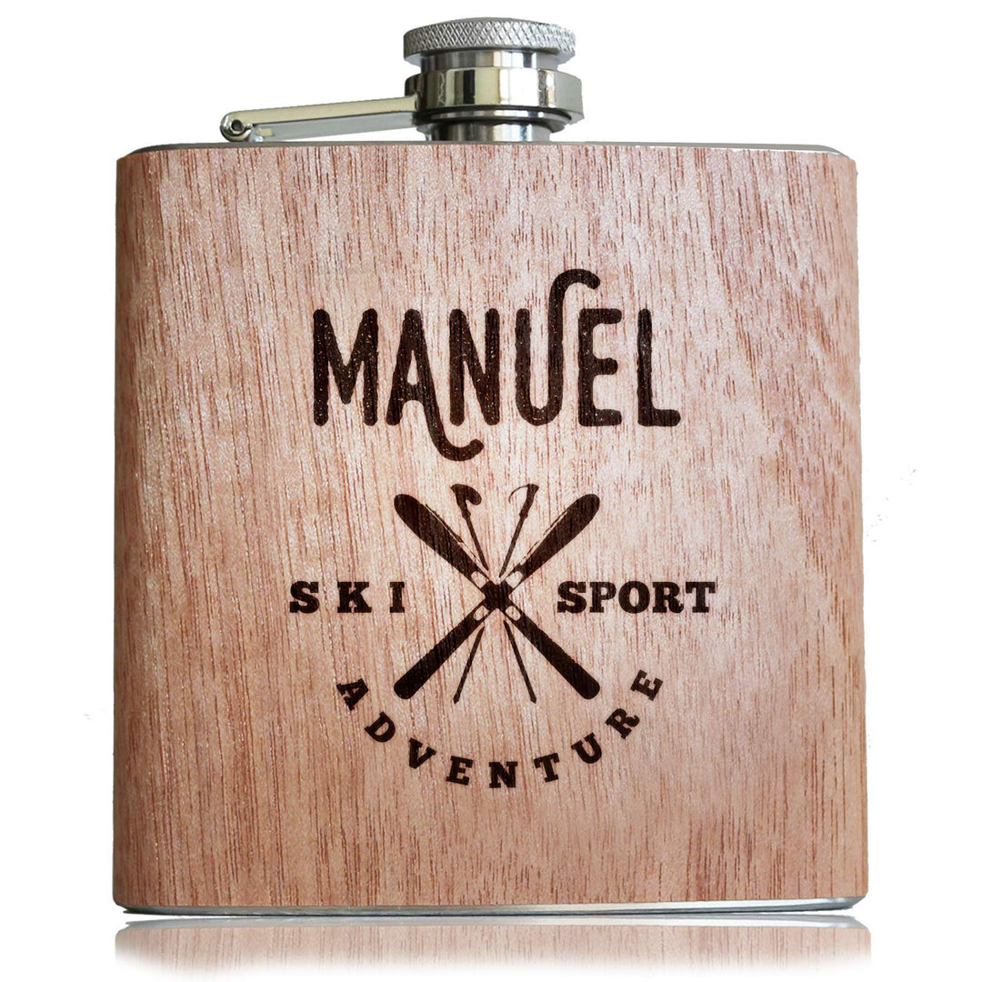 Pixelstudio Geschenk für Skifahrer Holz Flachmann mit persönlicher Namens Gravur Geschenkidee Skifah