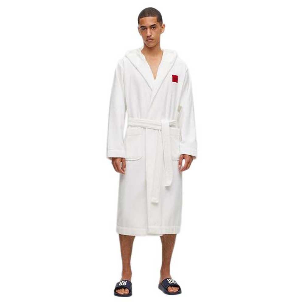 HUGO Herren Terry Gown Hooded Morgenmantel aus Baumwoll-Terry mit Kapuze und rotem Logo-Etikett M Wh