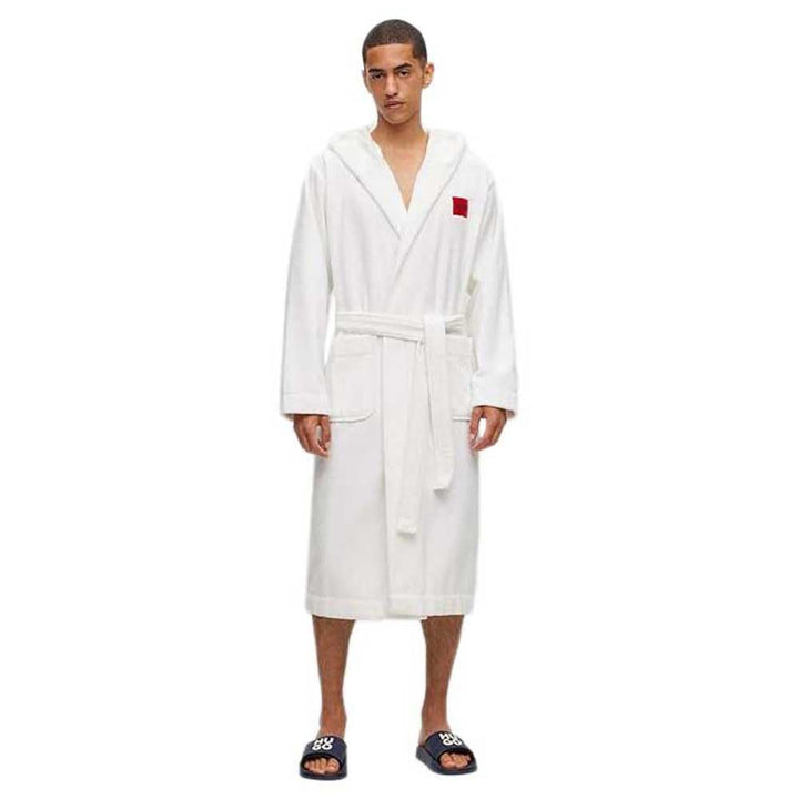 HUGO Herren Terry Gown Hooded Morgenmantel aus Baumwoll-Terry mit Kapuze und rotem Logo-Etikett M Wh