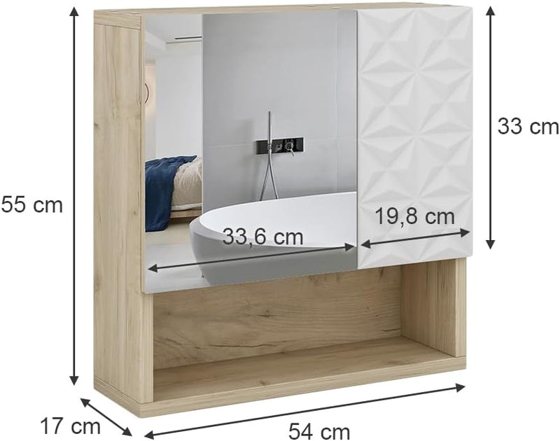 Vicco Bad Spiegelschrank Edge, Weiss/Eiche, 54 x 55 cm mit Tür und offenen Fächern Weiss Spiegelschr