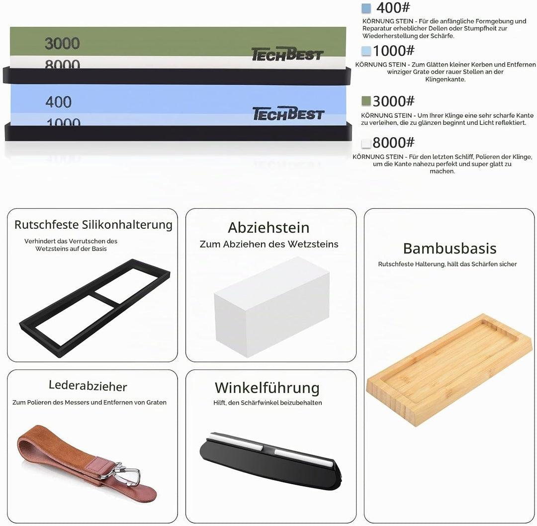 TechBest Schleifstein Messer Set - Wetzstein Körnung 400/1000 3000/8000 mit rutschfester Bambusbasis