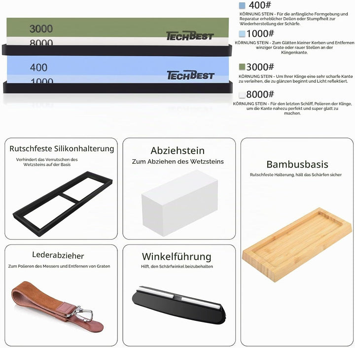 TechBest Schleifstein Messer Set - Wetzstein Körnung 400/1000 3000/8000 mit rutschfester Bambusbasis