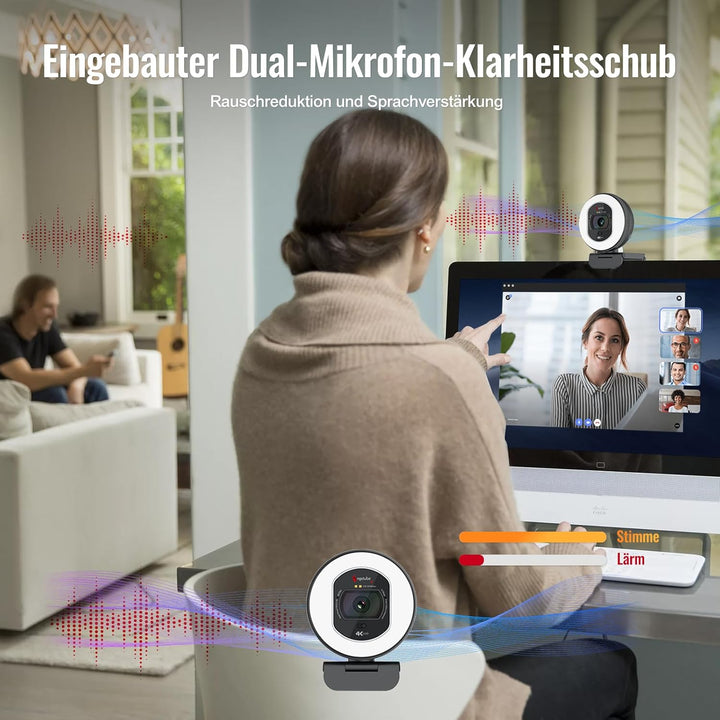 Angetube Webcam 4K mit Licht – Streaming-Kamera für PC mit Dual-AI-Rauschunterdrückungs-Mikrofon, Au