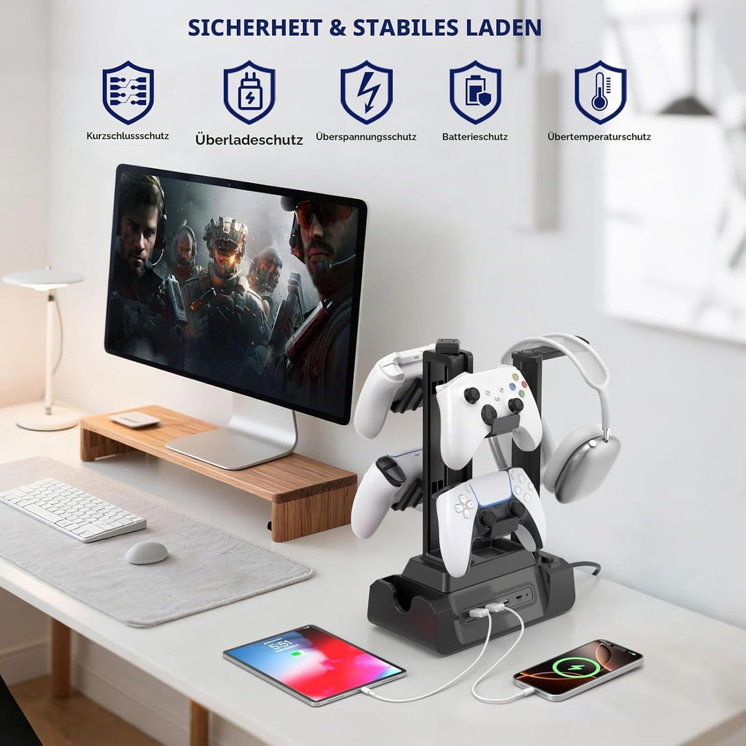 KDD USB Ladestation für Mehrere Geräte mit 4 Port, Handy Ladestation mit Headset und Controller Halt