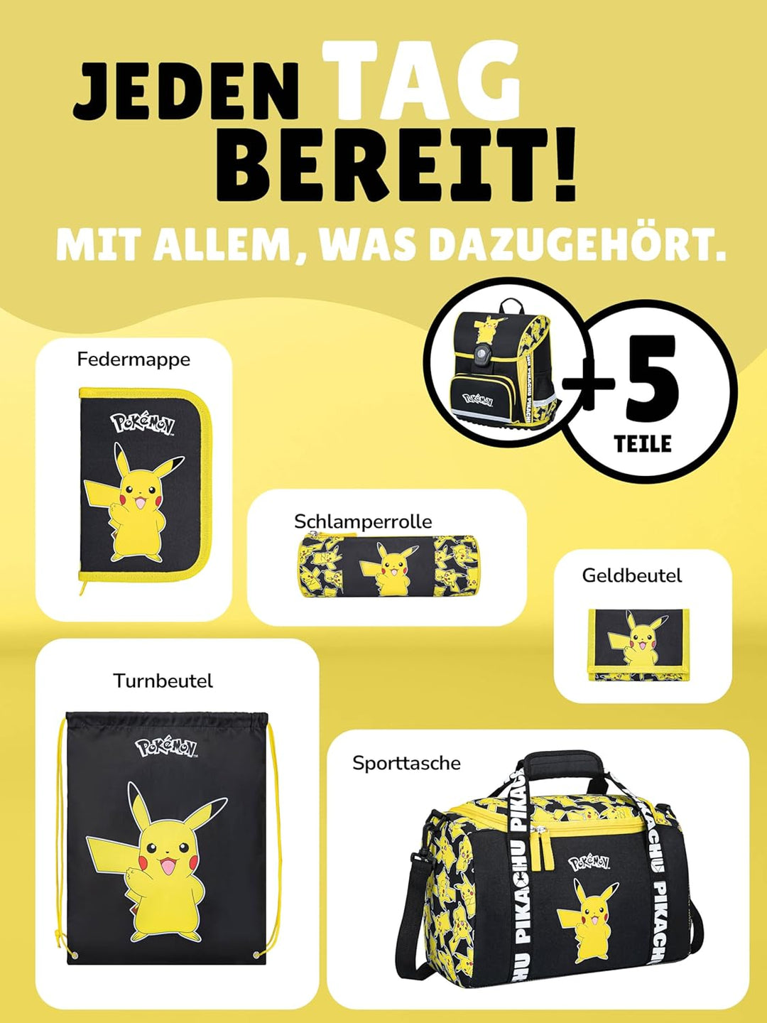 Familando - Schulranzen Set 6-teilig mit Sporttasche - Pokémon mit Pikachu Motiv - Ergonomisch, stab