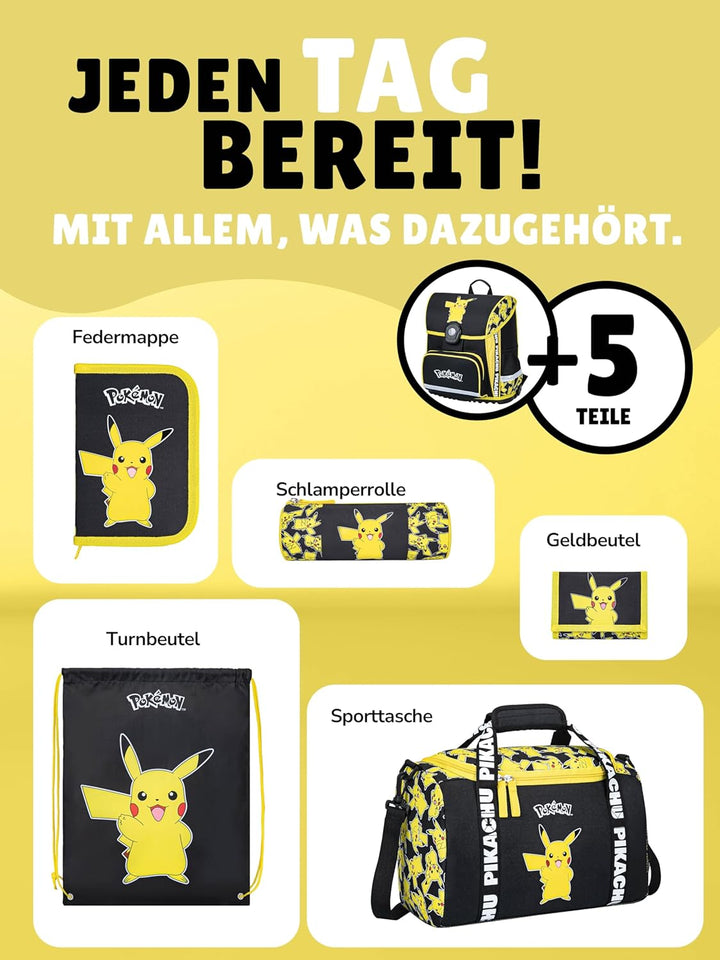 Familando - Schulranzen Set 6-teilig mit Sporttasche - Pokémon mit Pikachu Motiv - Ergonomisch, stab