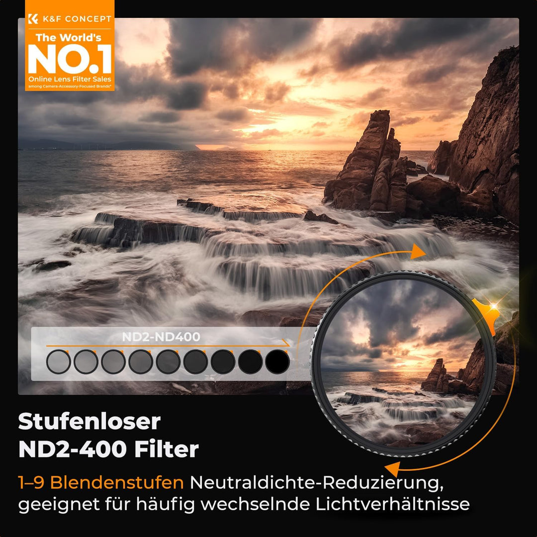 K&F Concept Nano X-Serie ND Filter 105mm Variabler Graufilter ND2-400 (1-9 Stop) Vario ND Filter mit